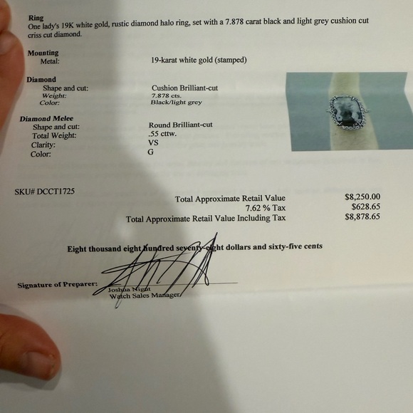 Unique 7.87ct Grey Diamond cushion cut ring with halo. - Picture 8 of 9